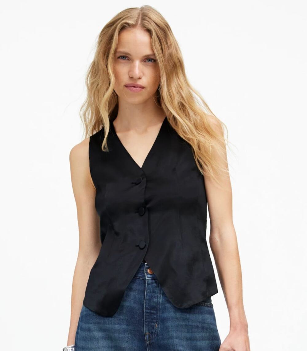 Madewell Button-Front Vest Top in Satin Black Womens Size 6